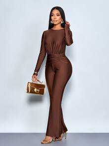 SOLERSUN Tuta intera da donna a maniche lunghe con collo rotondo, vita arricciata e gamba ampia, in colore unito - Caffè Marrone - Visualizzare 5
