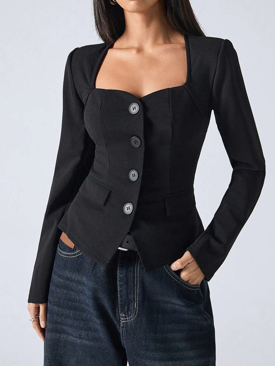 SHEIN EZwear 女士简约时尚休闲日常西装外套（秋冬季款） - 黑色 - 查看 1