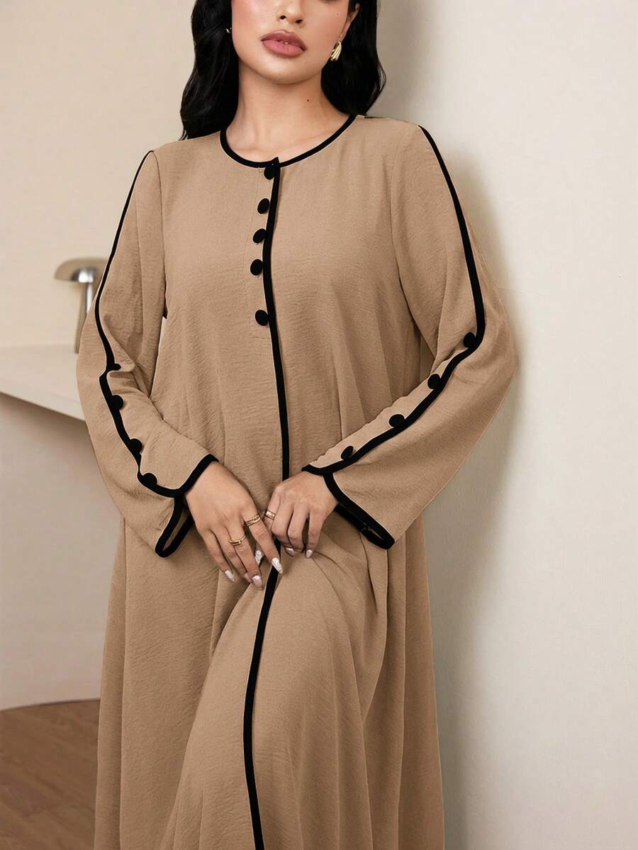 Veilorie Women's Round Neck Long Sleeve Button Design Loose Arabic Style Dress - Khaki - View 1