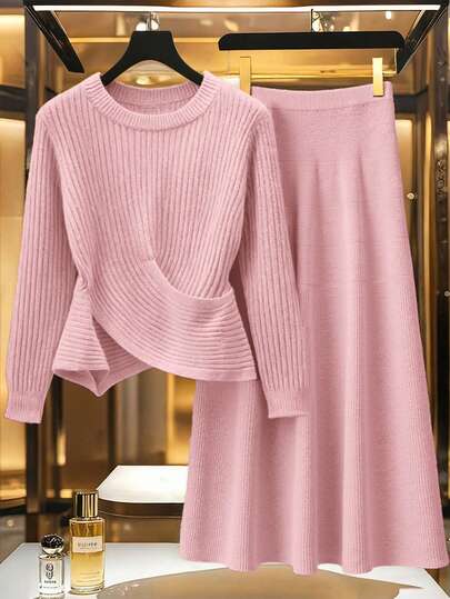 GlowEve CURVE Plus Size Women Solid Color Round Neck Asymmetric Hem Sweater And Knitted Skirt Casual Suit, Autumn/Winter Knit Two Piece Set Pink Skirt Set Pink Two Piece Set Ribbed Two Piece Set Ribbed Knit Set