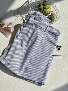 Comfortcana Plus Size Blue Striped Casual Shorts, Fashionable And Suitable For Everyday Wear, Spring