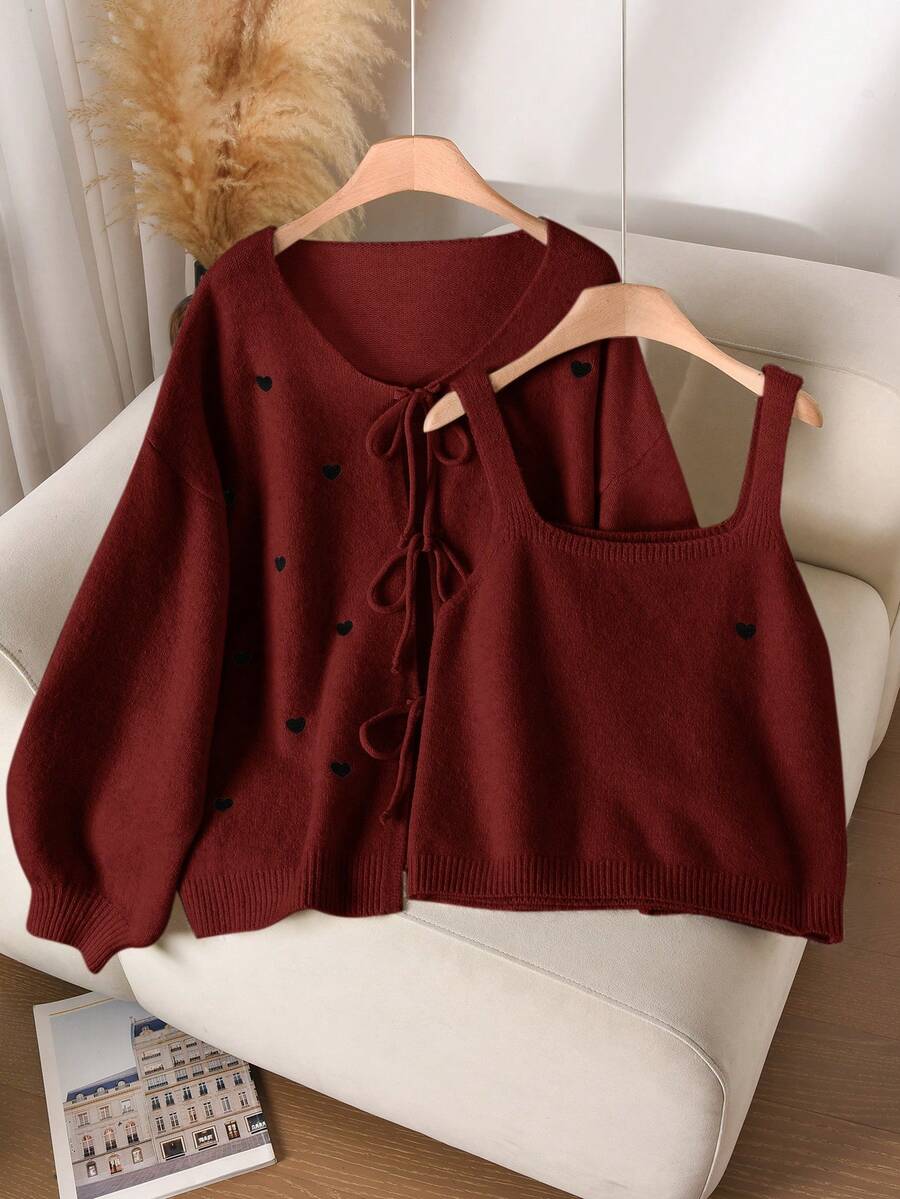 CosyJoli 大码女式心形刺绣系带开衫和吊带针织衫休闲套装 女式针织衫心形图案开衫开衫和背心套装 春季女装 - 酒紅色 - 查看 1