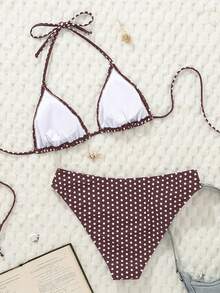 Swim Mod 女士黑白波点印花性感露背低腰比基尼套装，夏季 - 棕色 - 查看 2