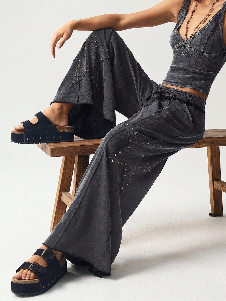 Bohemela Women's Casual Solid Color Knit Loose Wide-Leg Washed Pants - Grey - View 1