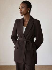 Aveloria Modichic Women's Lapel Collar Loose Long Sleeve Blazer And Wide Leg Pants Suit Set - Coffee Brown - View 2