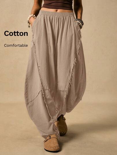 Easelle Women's Casual Slant Pocket Frayed Hem Woven Camel Pants Barrel Leg Pants Loose Pants Baggy Clothes Gauze Clothing Women