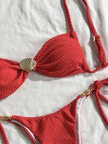 Swim Chiccia 女士夏季沙滩套装，纯色提花面料吊带性感比基尼套装，饰有贝壳金属装饰 - 紅色 - 查看 4