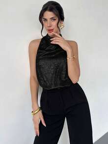 Firerie Damen Lässig und elegant Pendler Gold Satin Halter-Rücken Rollkragen Top/Silvester Look/Sexy Top/Glitzerndes Top/Party Top/Old Money Stil Top/Gold Top - Schwarz - Übersicht 3