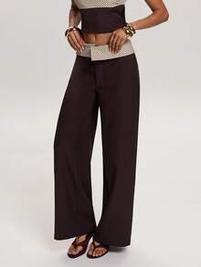 SHEIN BAE 女士腰部条纹拼接阔腿宽松休闲裤 - 咖啡棕 - 查看 7