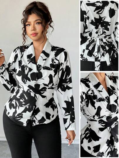 Elenzga 大码时尚休闲优雅法式浪漫系腰蝴蝶结衬衫