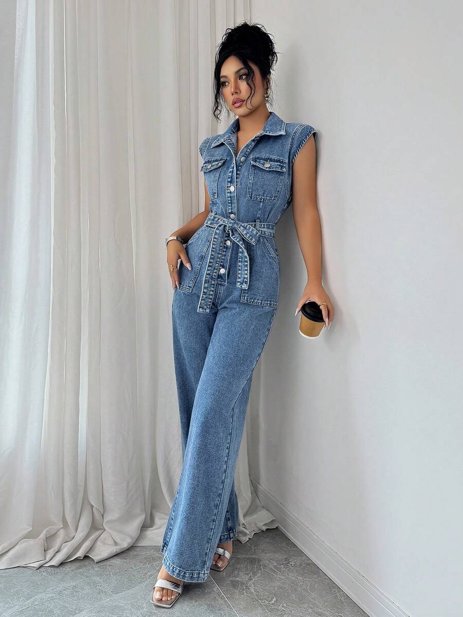 Elenzga 女士休闲水洗无袖牛仔连体裤