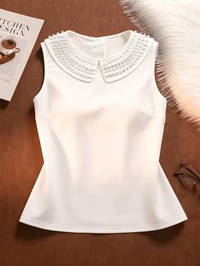 GlowEve CURVE Plus Size Elastic Knit Fabric Round Neck Beaded Collar Sleeveless Tank Top, Elegant For Outings, Commute, Dates, And Gatherings