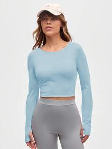 Gameset SHEIN Sport Women's Light Blue Long Sleeve Active Top,Crisscross Cut-Out Open Back Workout Shirt,Summer Athleisure Running Fitness Yoga Sports Gym T-Shirt&Tank - Blue - View 7