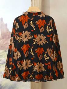 Lacomfia 大码女式黑色印花衬衫，小立领，前中开襟设计，宽松版型 - 彩色 - 查看 2