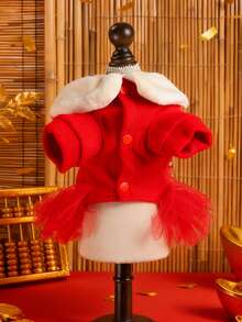 PETSIN 1 Stück Haustierkleid, rotes Prinzessinnenkleid für Neujahr, Katzen- und Hundeuniversalkleidung, dickes, flauschiges Tüllkleid für den Winter - Rot - Übersicht 6