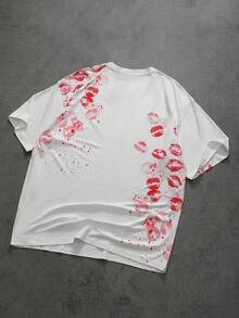 Manfinity EMRG 男士情人节红唇印花短袖圆领T恤，休闲百搭，适合度假、用餐、日常约会等场合，简约百搭的设计，自穿或送礼皆宜。 - 白色 - 查看 2