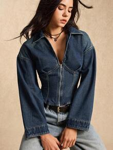 Easelle 女士纯色复古落肩长袖修身拉链牛仔上衣 - 深色水洗藍 - 查看 6