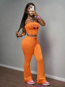 Slaydiva 2025春夏新款波西米亚音乐节乡村风复活节休闲日常海滩度假派对街头性感甜美可爱Y2K粉色弹力针织面料红色樱桃水果英文字母图案复古美式图案无袖紧身抹胸上衣搭配粉色弹力腰红色绳结樱桃印花紧身喇叭裤女两件套 - 橘色 - 查看 3