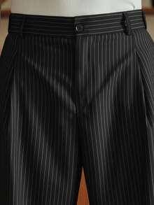 SWAVVY Men's Business Casual Striped Print Pleated Wide Leg Suit Pants - Black and White - View 4