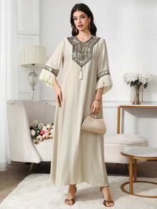 Yasmyna Women's Ribbon Trim V-Neck Fringe Flare Sleeve Arabic Style Dress Kaftan Jalabiya Dress - Khaki - View 4