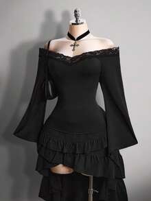 SHEIN ICON 大码女式V领蕾丝拼接喇叭袖T恤 - 黑色 - 查看 5