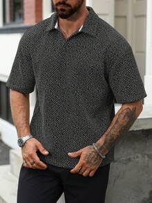 Manfinity Homme Áo Polo kẻ sọc dáng rộng dành cho nam giới trưởng thành, kiểu áo sơ mi . - Màu xám đen - Xem 3