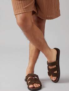 SHUZIA 奢华设计男士优质绒面咖啡色 H 型镂空可调节系带拖鞋 - 奢华舒适街头服饰，游艇俱乐部必备