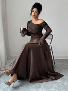 Modelyn Plus Size Women's Sexy Brown Asymmetric-Shoulder Mesh Embroidered Long Sleeve High Waist Slim Dress - Brown - View 7
