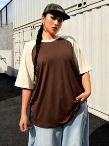 Muchica Plus Size Summer Basic Casual Raglan Sleeve Short Sleeve Loose T-Shirt - Brown - View 5
