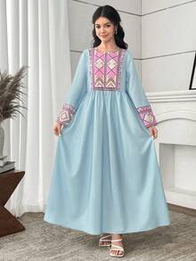 SHEIN 少女绿色拼接印花休闲连衣裙 - 綠色 - 查看 4