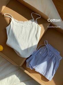 Conjunto de 2 piezas de mujer con tirantes finos, encaje, parches y lazo con estampado de lunares, para verano - Azul y blanco - Ver 5