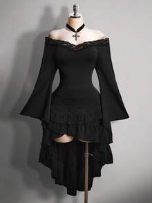 SHEIN ICON 大码女式V领蕾丝拼接喇叭袖T恤 - 黑色 - 查看 3