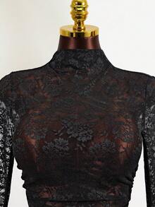 Mistrie Women's Summer Lace Slim Fit Irregular Hem Long Sleeved Round Neck See Through Sexy Black T-Shirt, Women's Summer Black Lace Skin Friendly Breathable Material, Side Seam Pleated Design, Irregular Hem Design. Women's Summer Top, Black Thin And Refreshing Lace Black Top, Women's Summer Matching,Beach For Women - Black - View 8