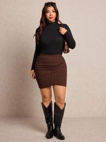 Elaquor 大码女式条纹褶皱紧身半身裙 棕色半身裙 曲线条纹半身裙 高腰半身裙 春季女装 春季女装半身裙 - 咖啡棕 - 查看 5