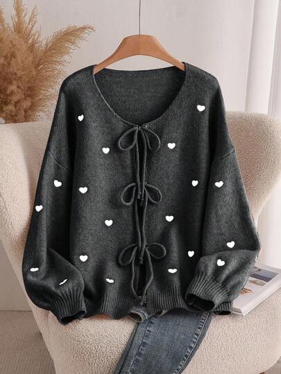 CosyJoli Plus Size Women's Heart Shaped Cardigan Sweater, French Elegant Fashion Autumn/Winter Outerwear Heart Sweaters Women Sweaters Pullover Sweaters Tie Front Sweaters Cute Sweaters,Fall Clothes For Women