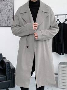 Manfinity Hypemode 宽松男士翻领落肩系带大衣长款风衣加大码男士灰色夹克加大码外套 - 淺灰色 - 查看 3