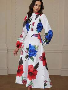 EMERY ROSE Elegant Floral Print High Neck Ruched Front Long Sleeve Midi Dress, Autumn/Winter - White - View 2