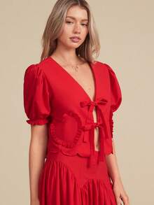 WESTFADE Kurzarm Top mit Bindung und Herz-Taschen - Rot - Übersicht 4