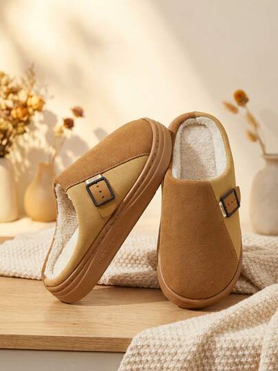 Unisex pantuflas de forro afelpado hebilla decorativa punta cerrada estilo acogedor para uso en casa pantuflas