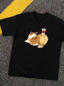 Manfinity Dauomo Men's T-Shirt With Dog Pet & Beverage Prints, Cute Street Style Y2K Skateboard Graphic Short Sleeve Tee, Summer - Black - View 1