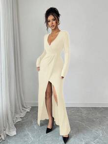 Elenzga Đầm dự tiệc thanh lịch màu trơn dành cho nữ, cổ chữ V sâu, xếp ly, xẻ tà. - Màu Khaki - Xem 5