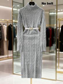 SHEIN Franclia 新款秋冬欧美休闲高领修身中长针织毛衣连衣裙 - 淺灰色 - 查看 7