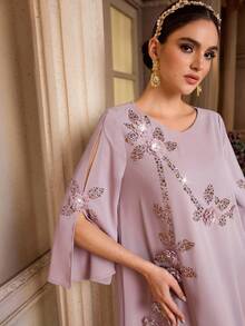Al Najma Women's Elegant Arabic Style Dress With 3D Floral Decor And Side Slit, 3/4 Sleeve Formal Elegant Party Uxury Evening Dresses Wedding Party Dress - Coral Pink - View 2