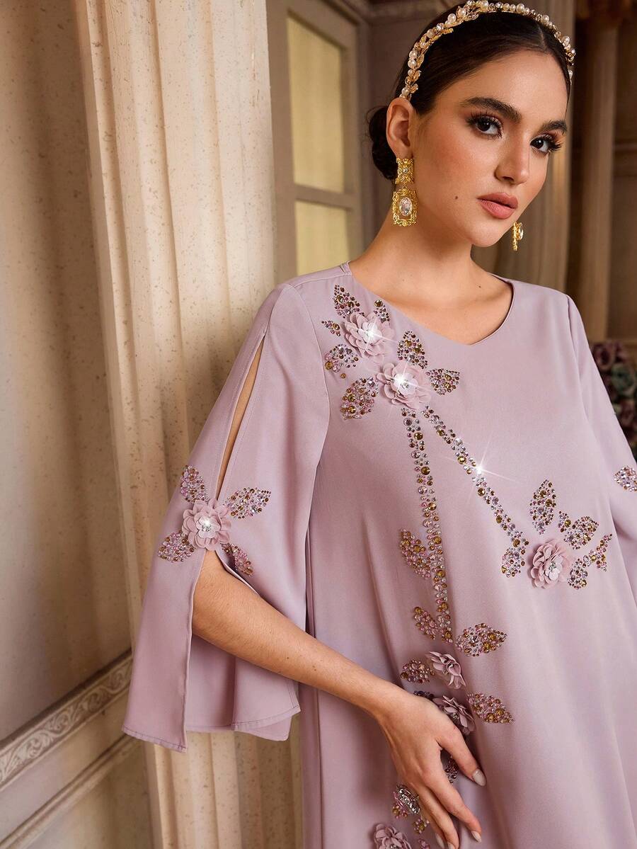 Al Najma Women's Elegant Arabic Style Dress With 3D Floral Decor And Side Slit, 3/4 Sleeve Formal Elegant Party Uxury Evening Dresses Wedding Party Dress
