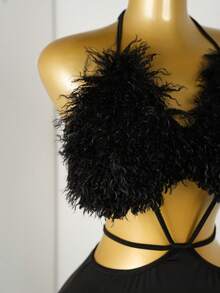 Mistrie 性感毛绒露背连衣裙，镂空腰带设计，修身美人鱼裙，魅惑晚宴小黑裙 - 黑色 - 查看 6