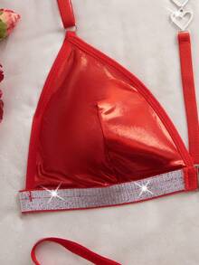 SHEIN 2pcs Set Heart Rhinestone Decor Metallic Lingerie Set Bridallingerie, Rave - Red - View 3