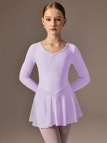 SHEIN 少女长袖粉色芭蕾舞裙，圆领前片褶皱设计，后背可爱蝴蝶结，柔软轻盈的网纱裙摆，裆部按扣设计，高弹亲肤，适合舞蹈、瑜伽和运动穿着。 - 淡紫色 - 查看 2