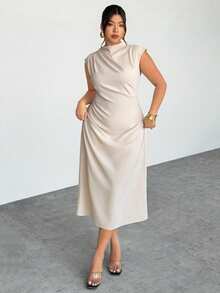 Firerie 大码女士纯色立领褶裥修身优雅连衣裙 - 杏色 - 查看 3