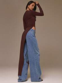 MUSERA 修身长袖超长不对称下摆上衣，酷女孩、街头风、可爱风，适合秋冬春夏穿着 - 巧克力棕 - 查看 3