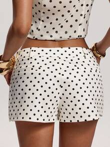 SHEIN BAE 女士简约休闲波点印花短裙，时尚百搭，适合通勤、休闲、工作、可爱阔腿裤、休闲阔腿裤、早午餐下装，情人节、夏季假期、生日等场合皆宜，白色裙子 - 杏色 - 查看 2